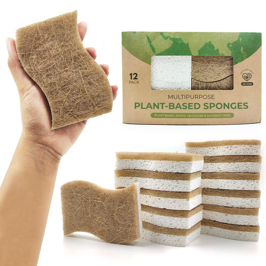 AIRNEX Biodegradable Eco Sponge - Cellulose and Coconut Husk Scourer Kitchen Sponges - Pack of 12 Eco Friendly Washing Up Sponges