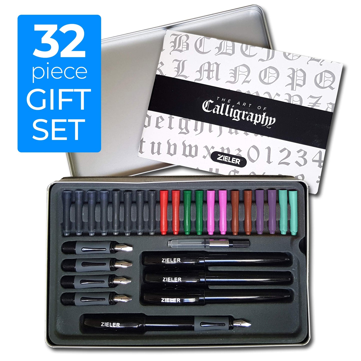 Zieler Ultimate Calligraphy Pen Set – 32-piece Gift Tin Set ● 4 Soft Grip Calligraphy Pens ● 5 free-flowing Nib sections ● 20 Ink cartridges ● Ink convertor ● with Calligraphy Starter Guide Ultimate Set