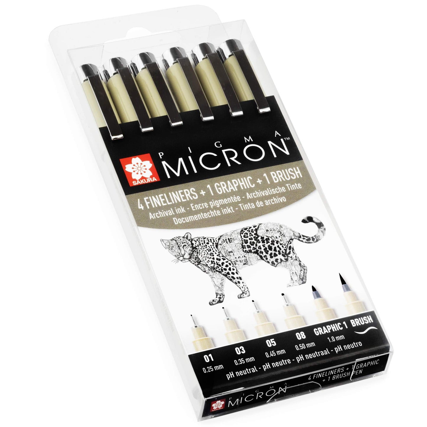 SAKURA Pigma Micron - Fineliner Pigment Pens - 01/03/05/08/Graphic/Brush - Pack of 6 - Black Ink