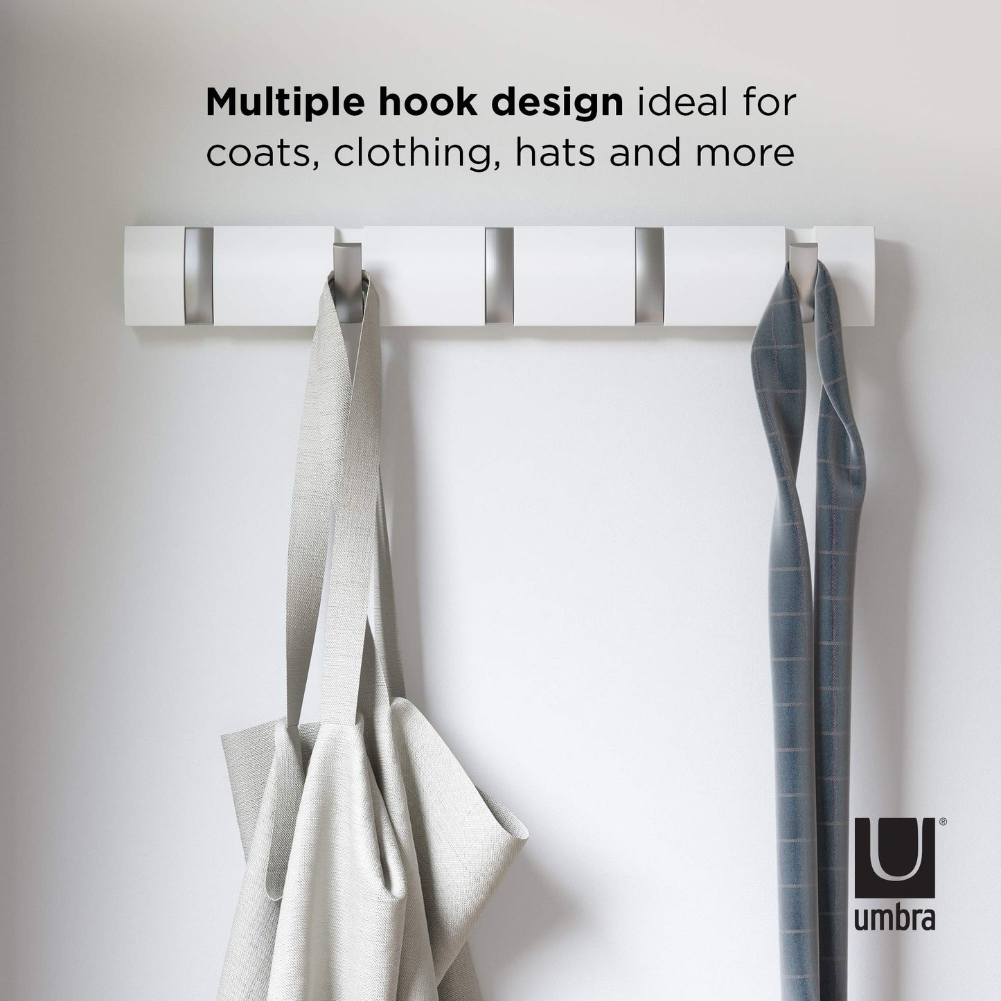 Umbra Flip 5-Hook Wall Mounted Coat Rack, Modern, Sleek, Space-Saving Coat Hanger with 5 Retractable Hooks to Hang Coats, Scarfs, Purses and More, White/Nickel Weiss 5 Haken