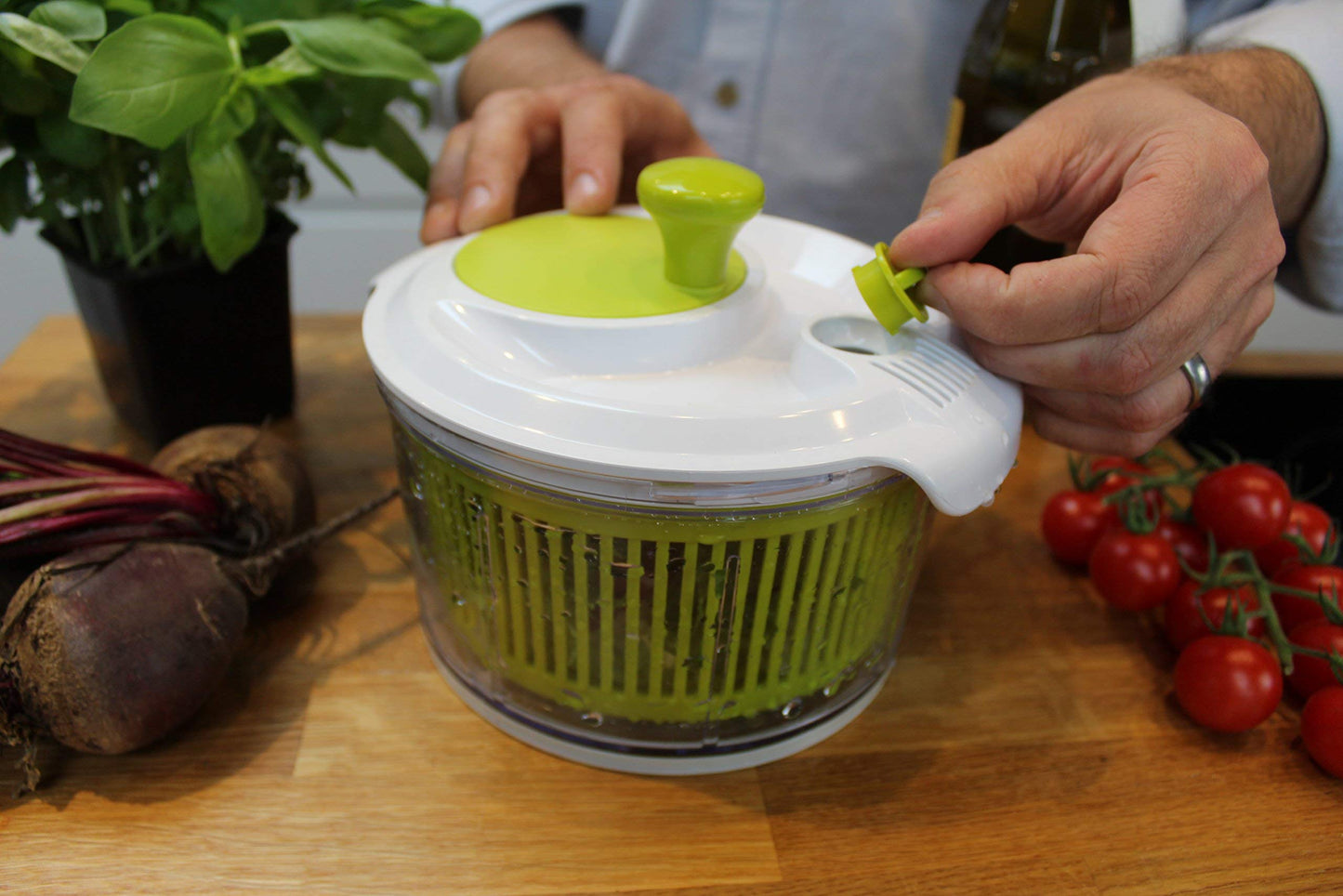 Small Salad Spinner with clear serving bowl, colander basket, smart-lock lid, easy drain system, non-slip base. 16cm|6in diam. Washes, dries & dresses lettuce, herbs, vegetables & fruit. Compact.