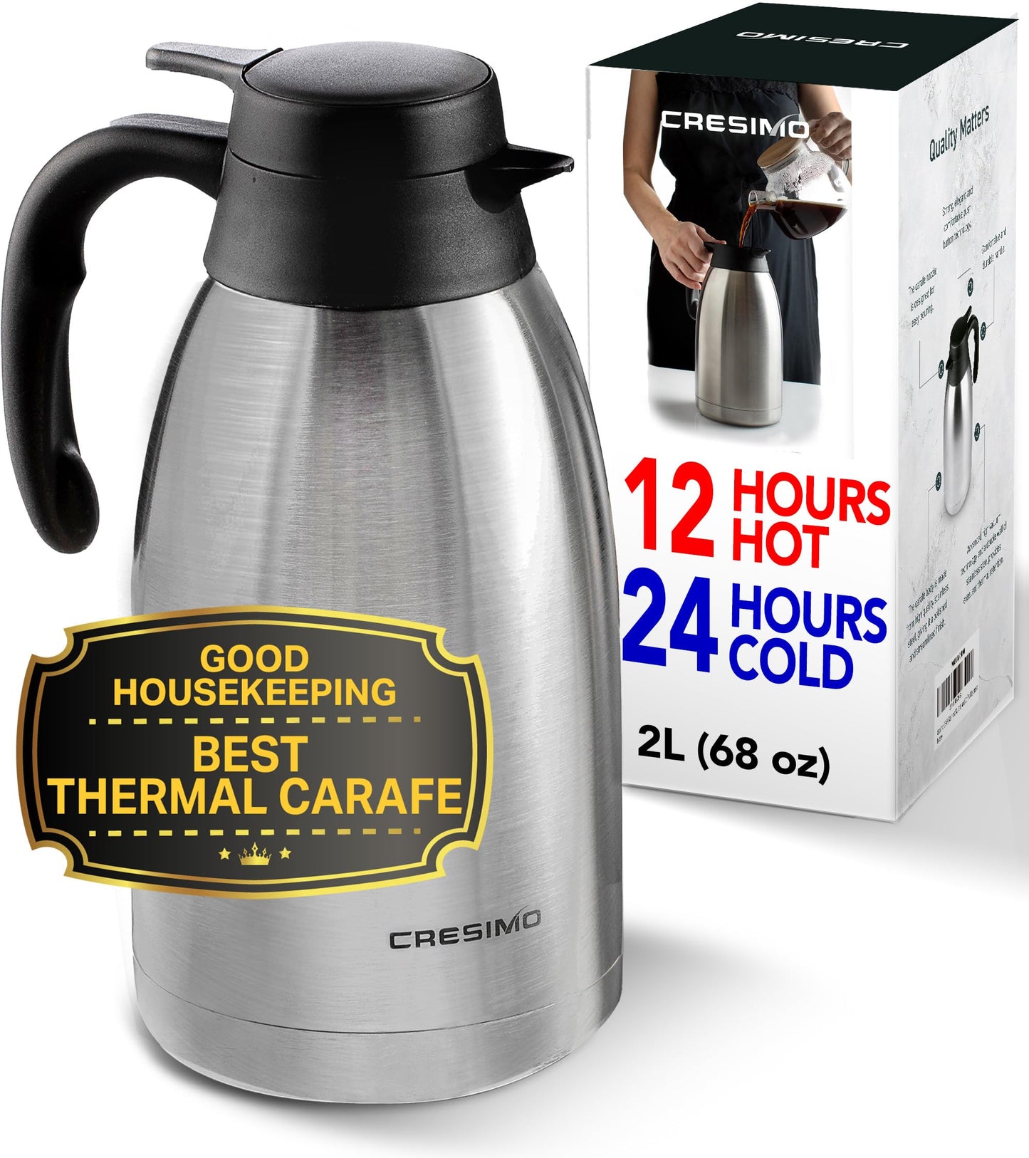 2L Thermal Flask Coffee Carafe - 24 Hour Heat Retention - Double Walled Vacuum Jug | Insulated Vacuum Flask Carafe | Coffee & Tea Dispenser | Stainless Steel Coffee Urns & Milk Carafe - Cresimo Silver