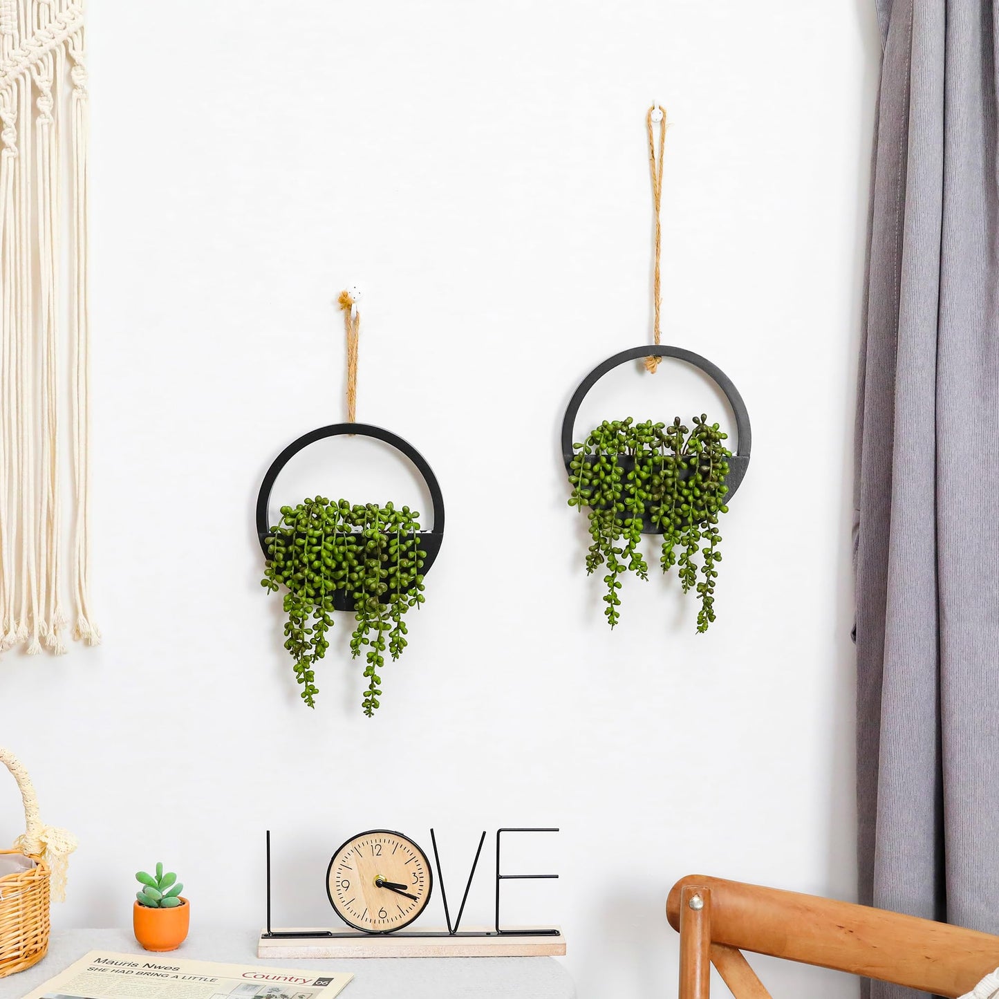 Floweroyal 2pcs Artificial Succulents Hanging Plants 12.2'' Fake String of Pearls in Pot with 8.3'' Lanyard for Indoor Outdoor Wall Decor (Black). Black