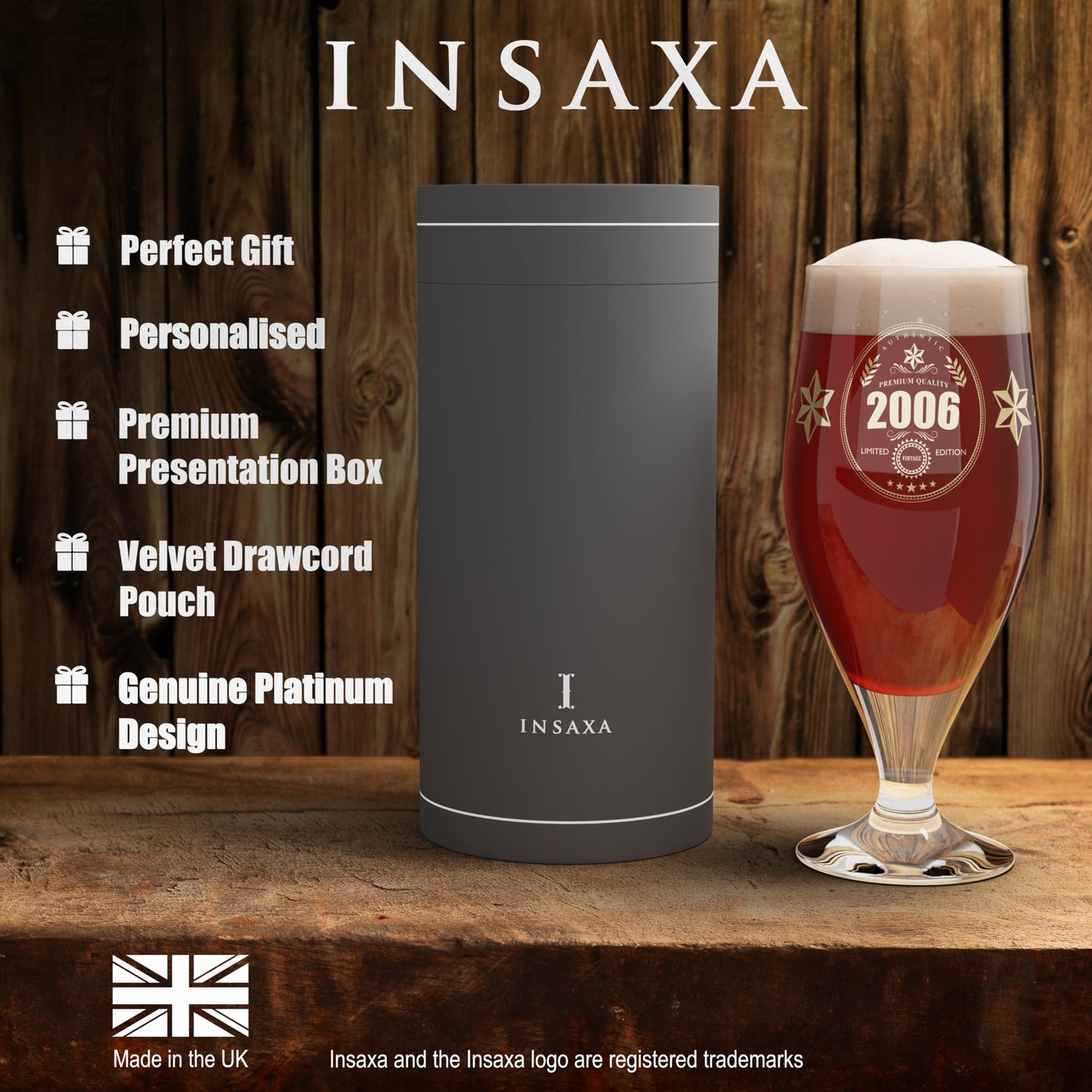 Insaxa 18th Birthday Gifts for Boys - Limited Edition 2006 Premium Quality Beer Glass (1 Pint / 580ml) 2006 18th Birthday