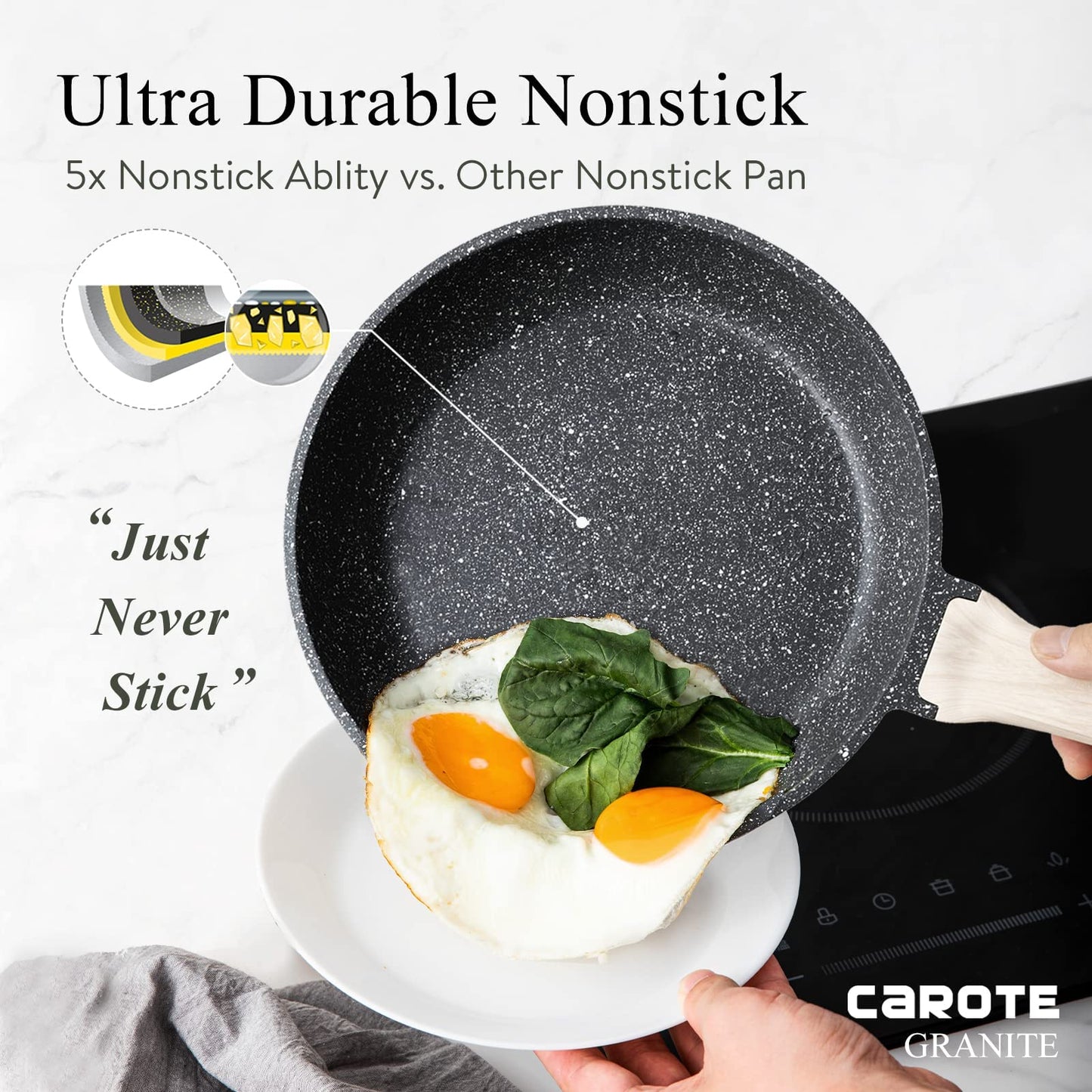 CAROTE Non Stick Frying Pan 20cm, Induction Hob Fry Pan,Granite Egg Omelet Pan, Stone Cookware Chef's Pan for All Hobs, PFOA Free Black Granite