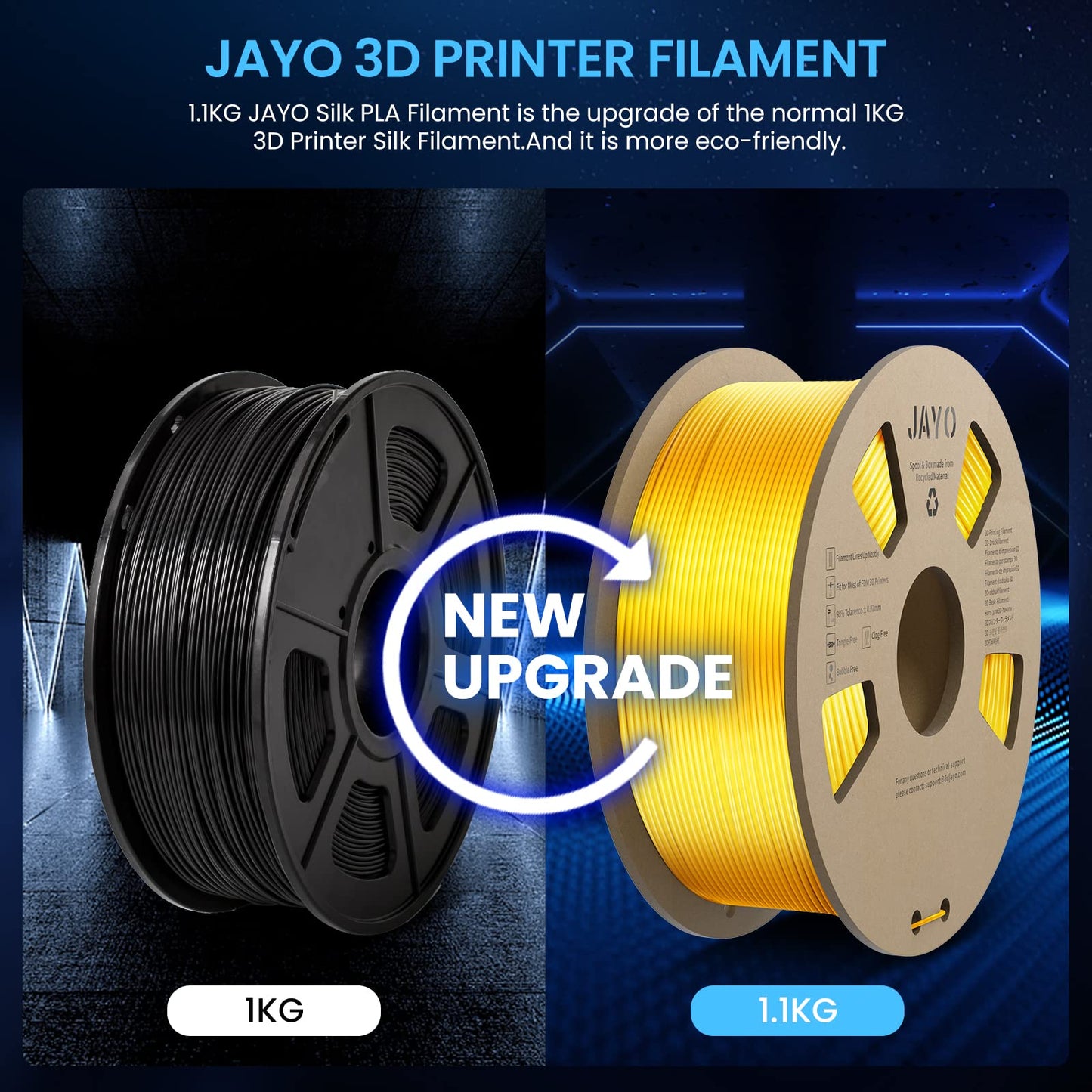 JAYO PLA Silk Filament 1.75mm, Shiny PLA 3D Printer Filament 2.2kg, Neatly Wound Filament, Dimensional Accuracy +/- 0.02, 2 Spools PLA+ Silver+Light Gold 2.2kg Silver+Gold