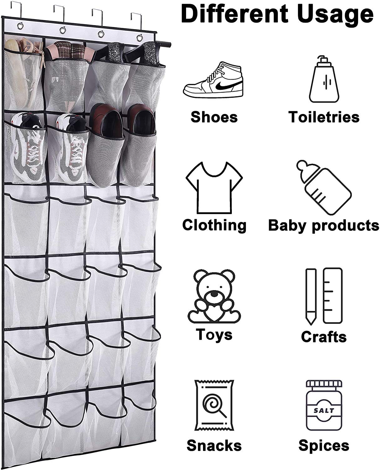 MISSLO Over the Door Shoe Storage Organiser Hanging Shoe Rack Holder 24 Large Mesh Pockets for Wardrobe Door Tidy with Hanger(White) White