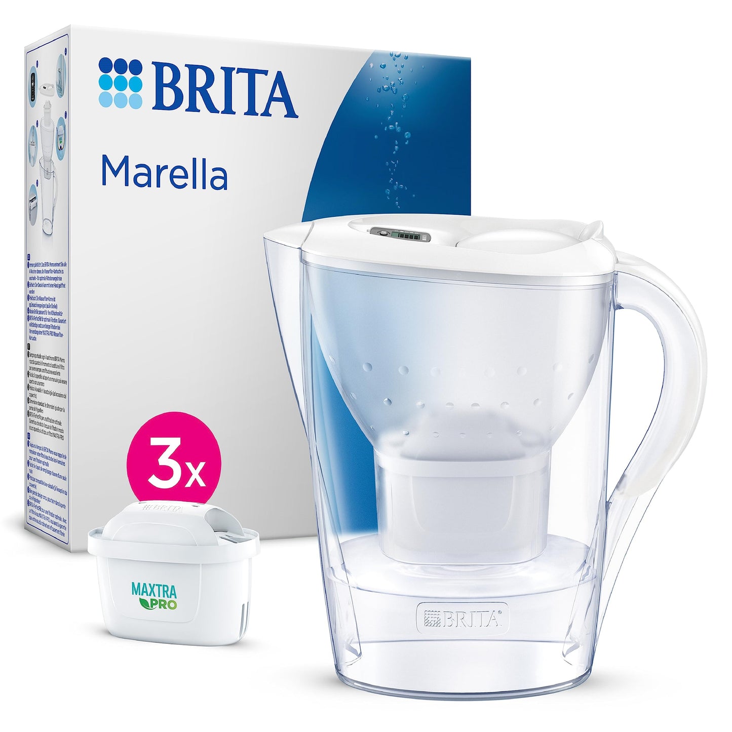 BRITA Marella Water Filter Jug Starter Pack - White (2.4 Litre) with 3x MAXTRA PRO All-in-1 cartridge - fridge-fitting jug with digital LTI and Flip-Lid - now in sustainable Smart Box packaging New Version Maxtra Pro