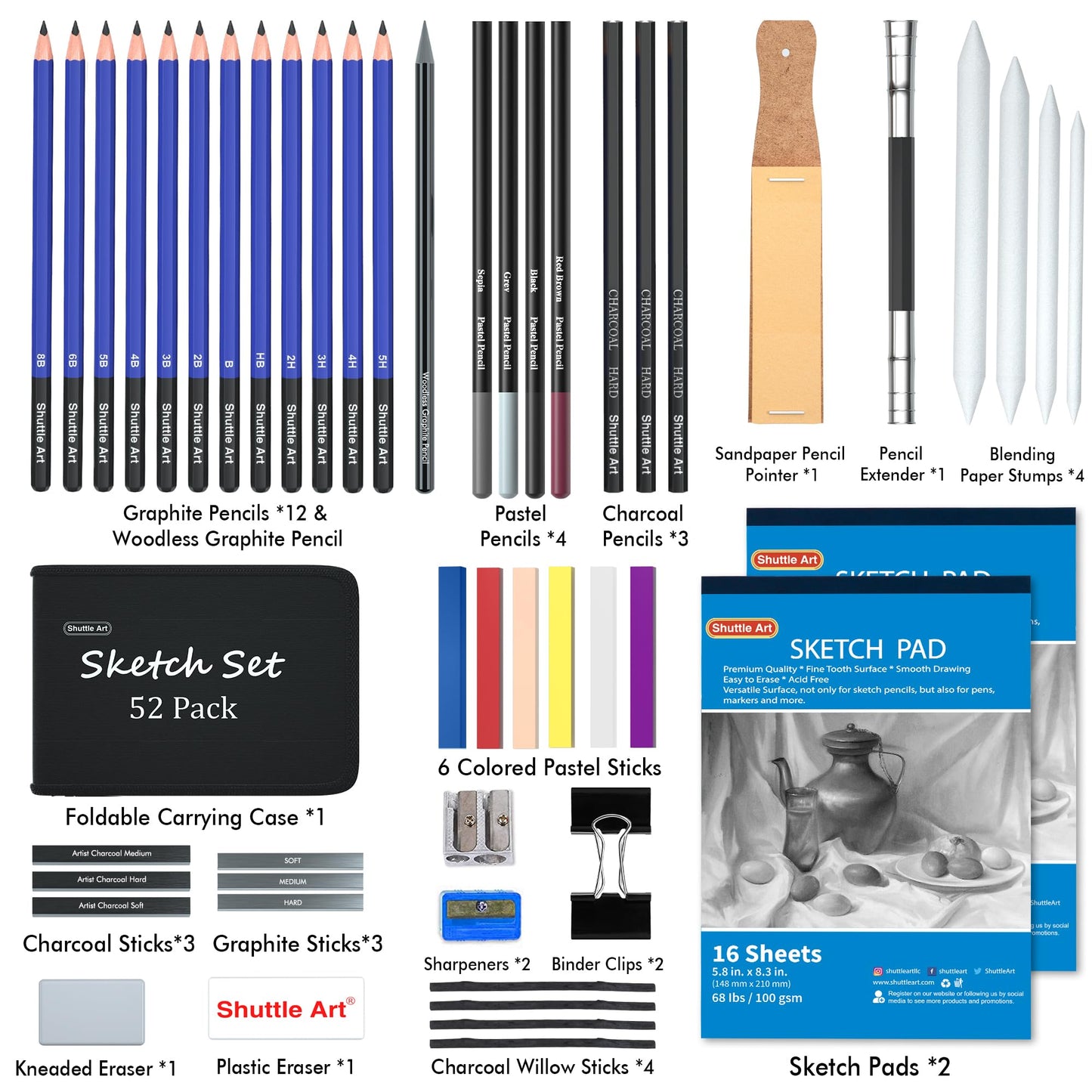 Shuttle Art Sketching Pencils and Drawing Set, 52 Pack Sketch Pad and Pencils Set in Sturdy Zipper Case with Charcoal Pencils and Sketch Books, Professional Sketch Drawing Pencils for Artists, Adults