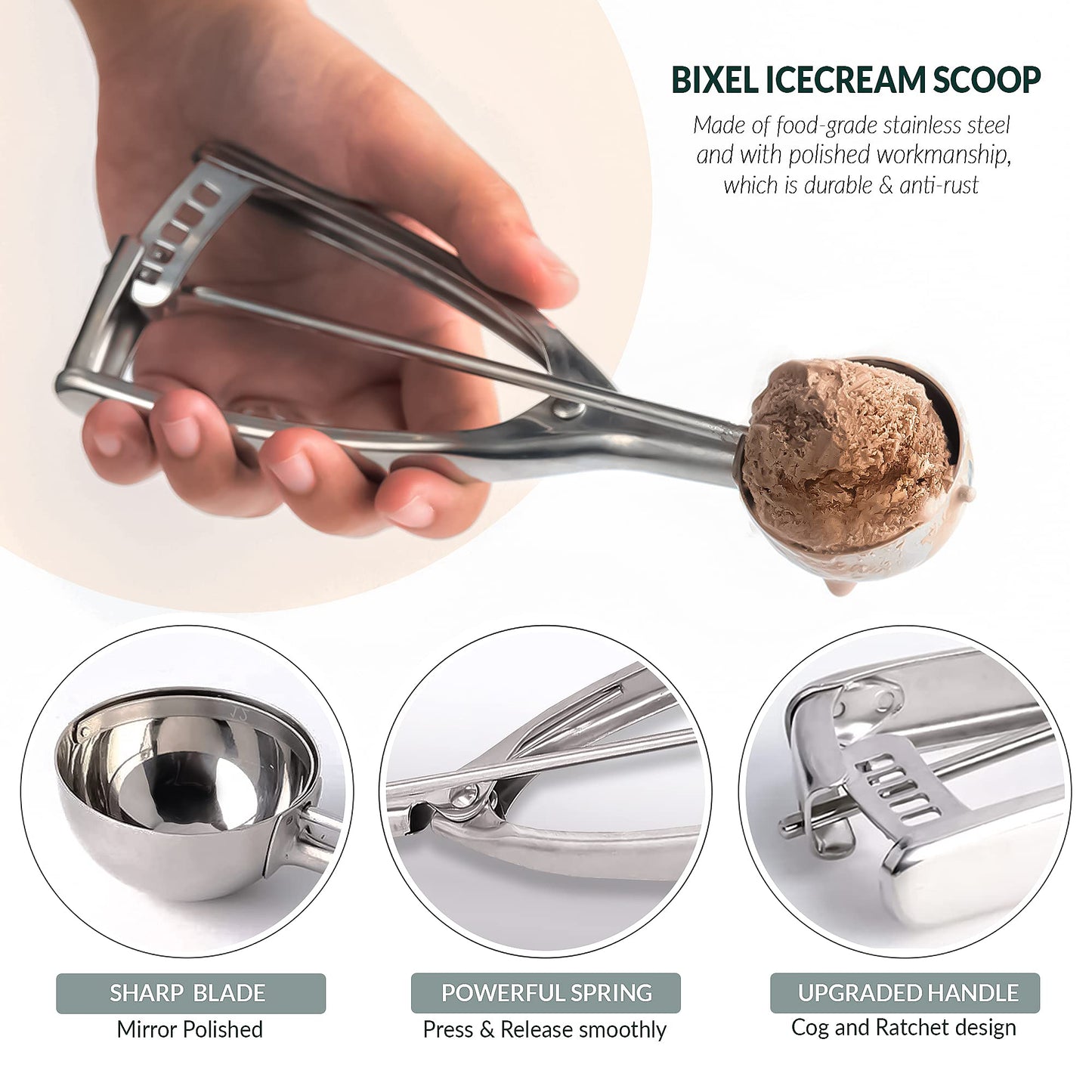 Bixel Ice Cream Scoops with Easy Trigger - Large Sized (6.3cm) 304 Stainless Steel Cookie Scoop for Meatballs, Mellon Balls, Mashed Potatoes and Muffins 6.3 CM