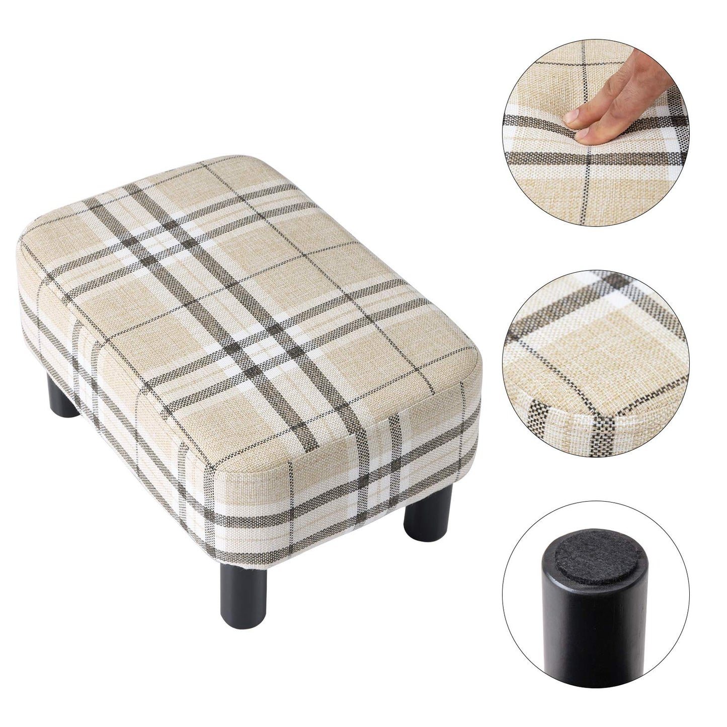 IBUYKE 42CM Small Footstool, Linen Fabric Pouf, with Padded Seat Pine Wood Legs Rectangular Stool, Small Under Desk Footrest, Pet Steps Dog Stairs for High Beds and sofa, Stripes RF-BD215 Stripe cloth