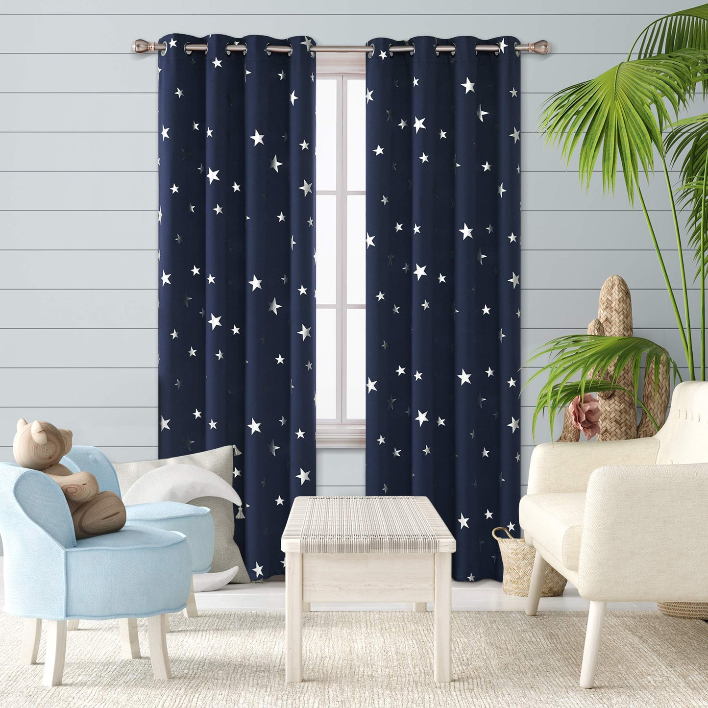 Deconovo Super Soft Thermal Insulated Star Foil Printed Eyelet Curtains Blackout Curtains for Children 46 x 72 Inch 2 Panels Navy Blue W46 x L72 Navy Blue/Silver