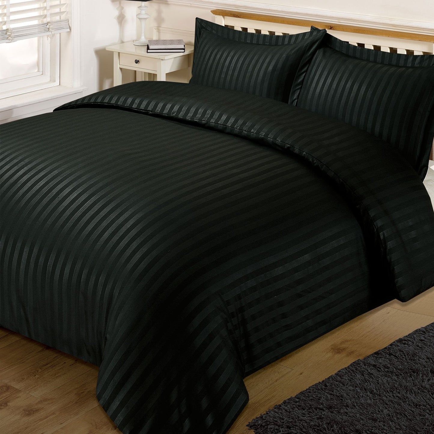 Dreamscene Beautiful Satin Stripe Quilt Duvet Cover with Pillow Case Bedding Set, Black, Double