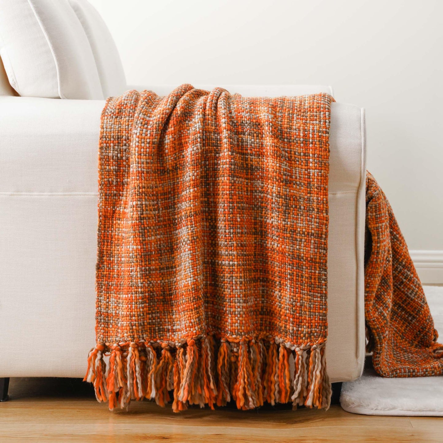 BATTILO HOME Orange Throw Blanket for Sofas Rustic Fall Decorative Bed Throws Boho Knitted Throw Travel Blanket Nap Throw for Armchair Couch and Bed 127x152cm Rust Orange