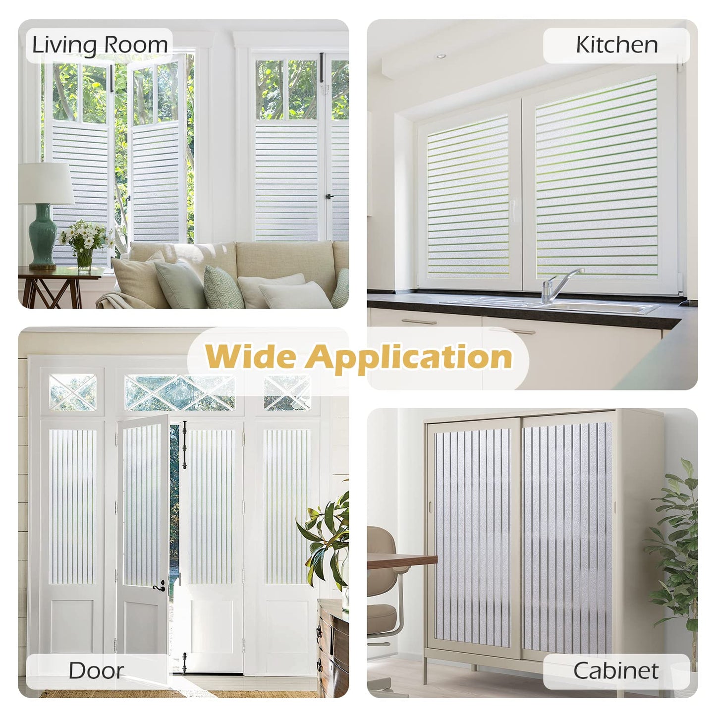 rabbitgoo Window Film Privacy, Frosted Window Film Static Cling 60 x 400 cm, Privacy Film for Glass Windows No Glue Window Sticker Opaque UV Protection White Stripe for Office Living Room Kitchen Pure Stripe