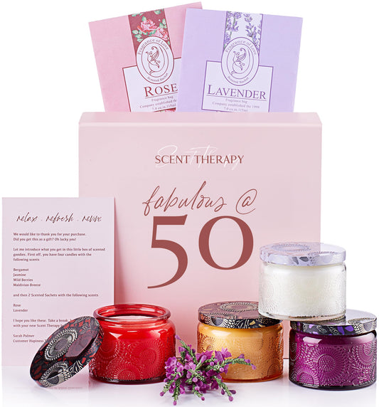 50th Birthday Gifts for Women – Scented Candles Gifts for Women – Elegant & Fun Gift Box 'Fabulous at 50' with 4 Aromatherapy Scented Candles for Her 50th Birthday