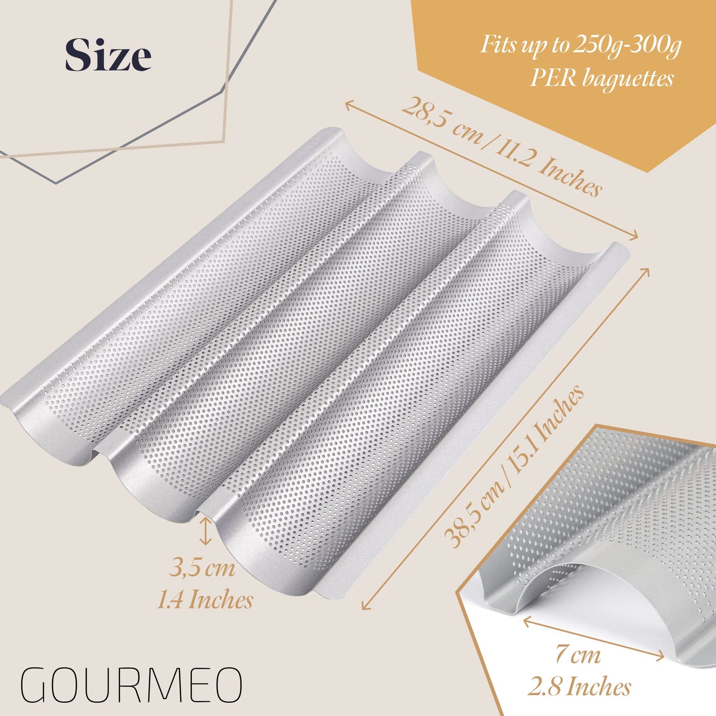 GOURMEO Non-Stick Baguette Baking Tray - 38,5cm x 28.5cm - French Bread Baking Trays for 3 Baguettes - Easy to Use & Clean - Silver 1 Tray for 3 Baguette