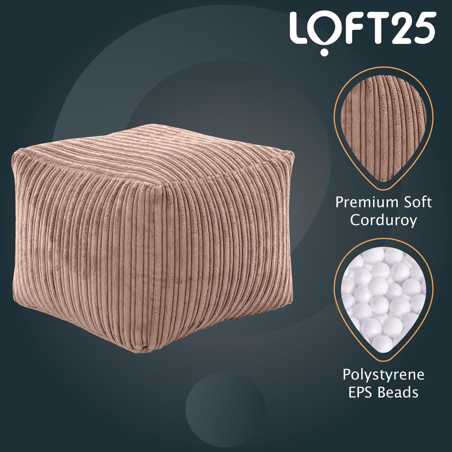 Shopisfy Soft and Comfortable Cube Bean Bag Footstool Pouffe, Jumbo Cord - Mocha Square