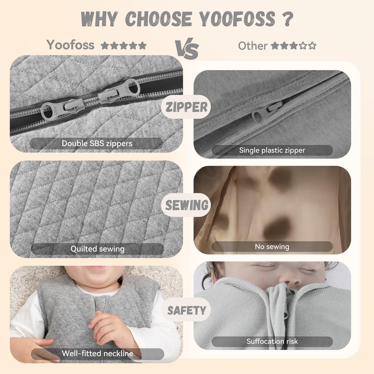 Yoofoss Baby Sleeping Bag 6-12 Months 100% Cotton TOG 2.5 Winter Toddler Sleep Sack Wearable Blanket for Infant Toddler Grey