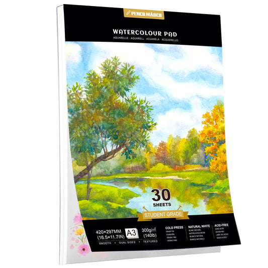 PENCILMARCH Watercolour Paper Pad A3, 30 Sheets Water Colour Paper 300gsm Watercolour Sketchbook for Artist and Beginners Painting, Drawing and Sketching A3 1 Pack 300 gsm