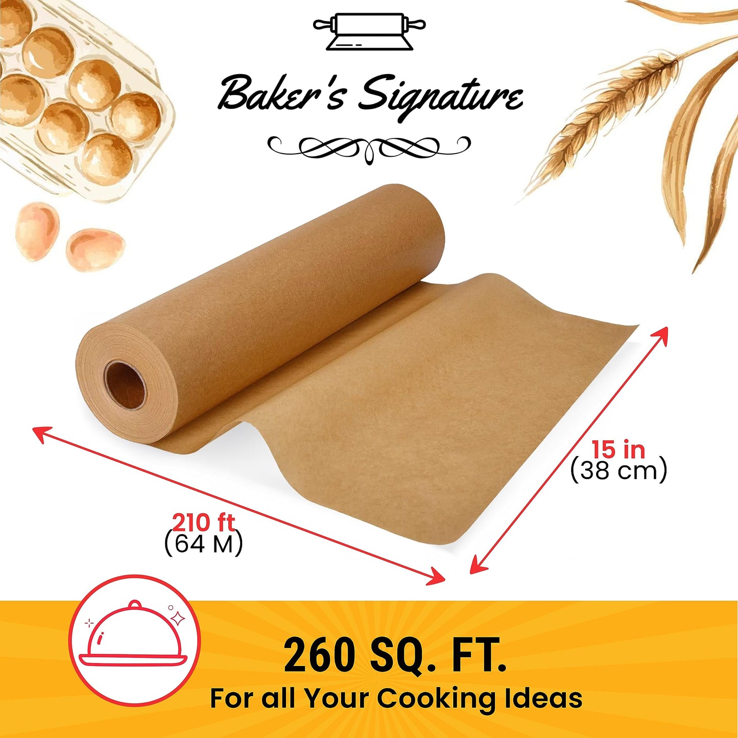 Baking Paper, Parchment Paper for Baking – 38cm x 64m Greaseproof Paper Roll with Cutter, Non-Stick Unbleached Paper for Baking, Cooking, Grilling, Steaming and Air Fryer by Baker’s Signature 1 Pack - 38cm x 64m