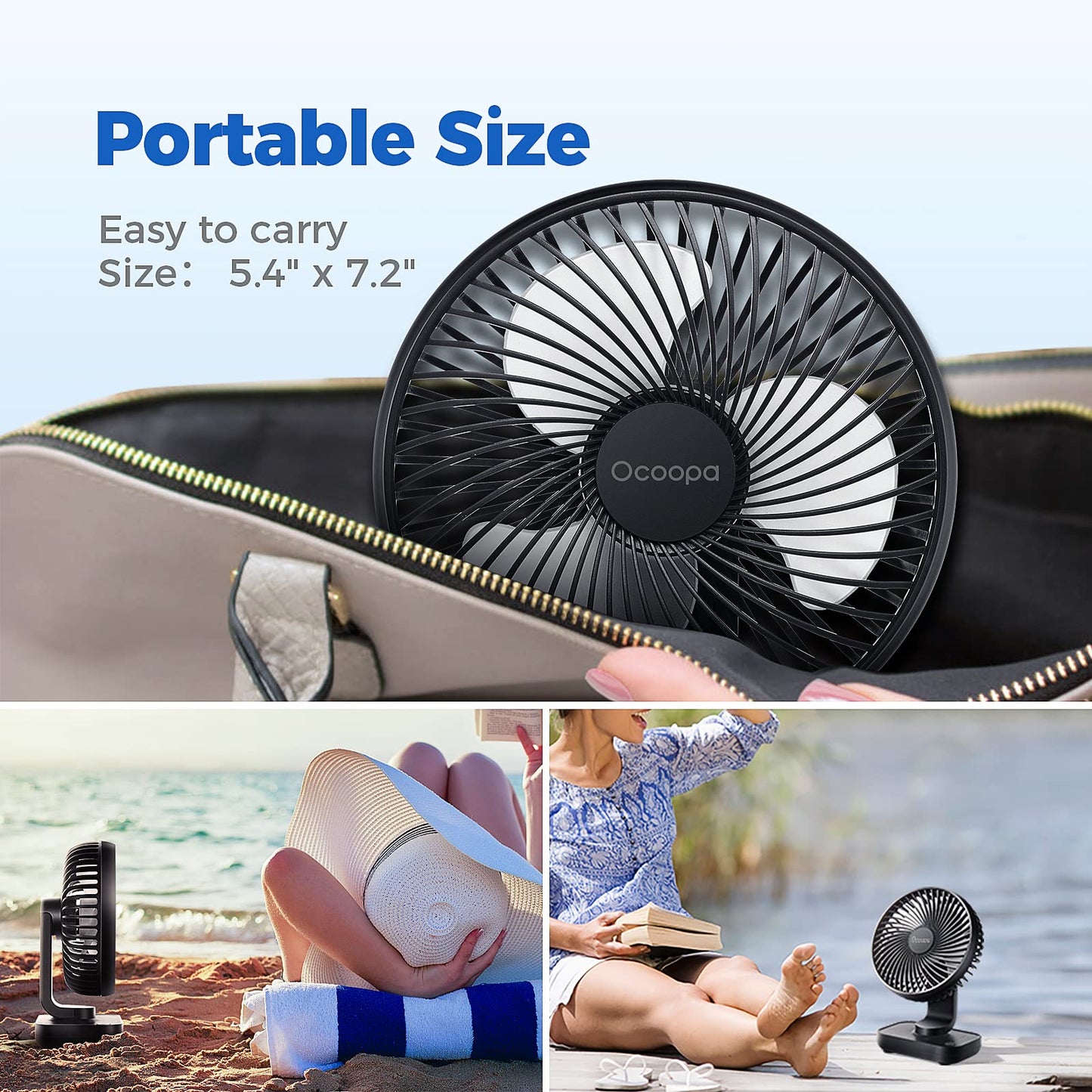 USB Desk Fan, 4000mAh Rechargeable Battery Operated, Table Fan 4 Speeds, 5inch Mini Portable Fan, with Strong Airflow Quiet Operation, Electricity Display, Easy to Disassemble, Desktop Fan White Blue