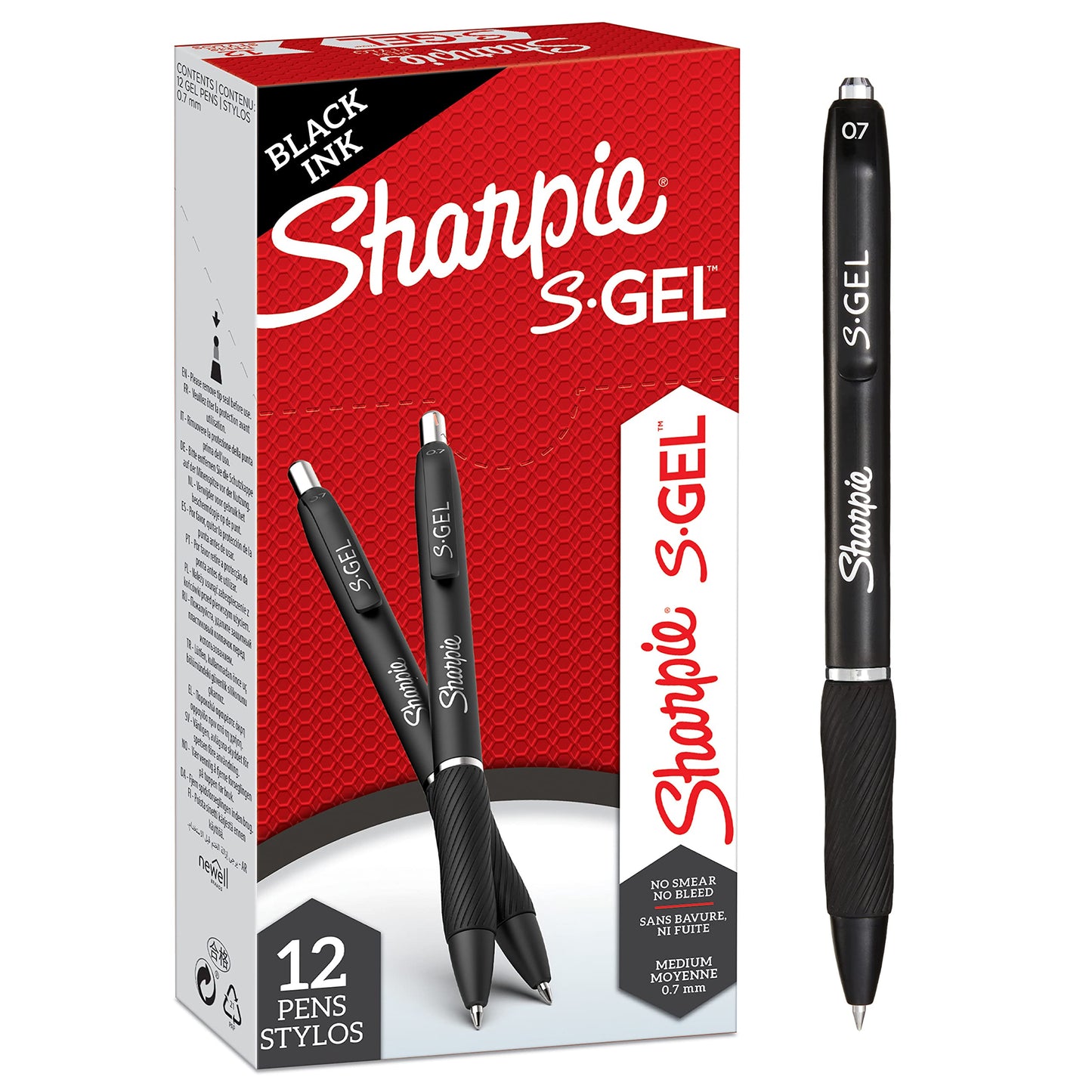 Sharpie S-Gel | Gel Pens | Medium Point (0.7mm) | Black Ink | 12 Count Black Barrels