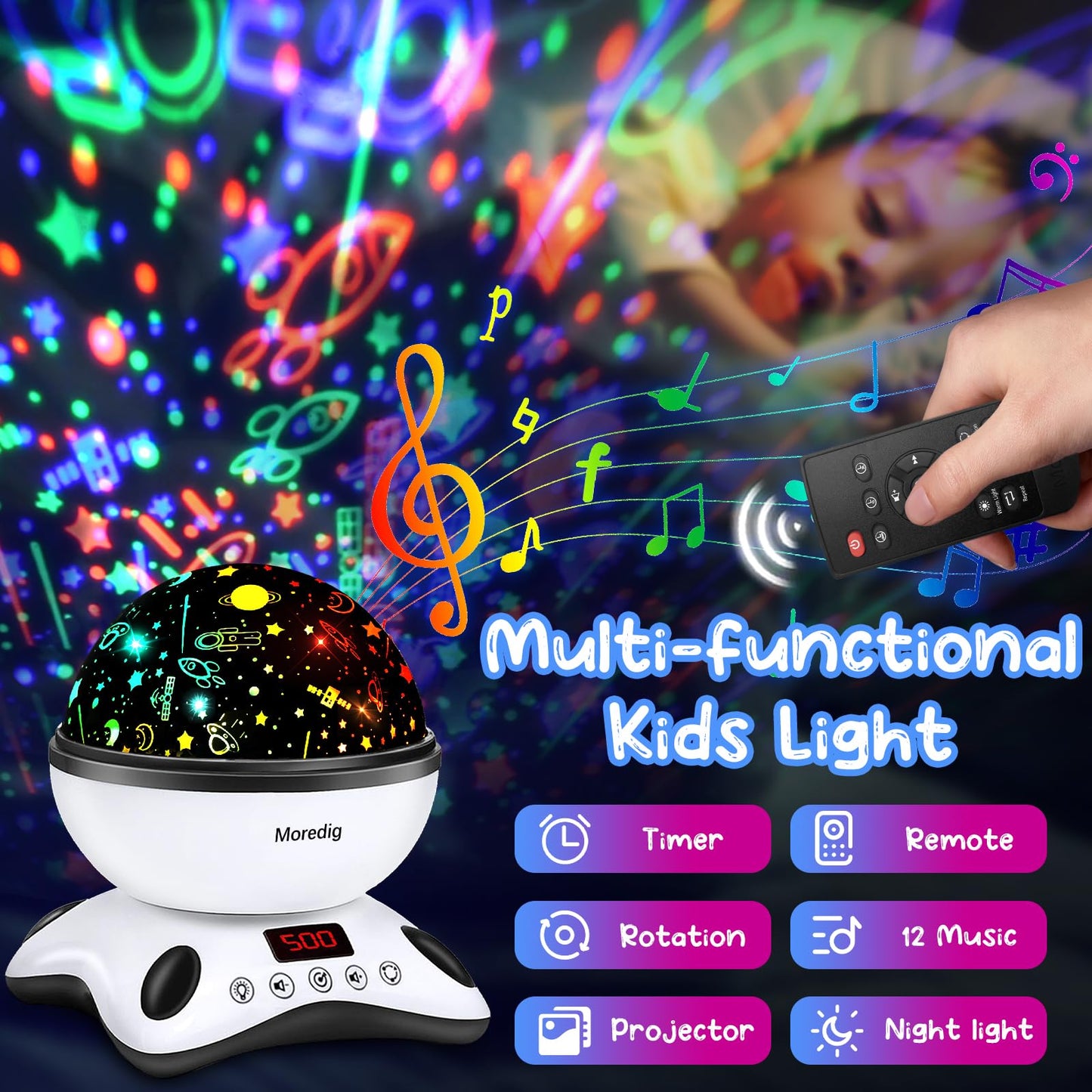 Moredig Baby Projector Night Light, Night Light Kids Projector with 12 Music and Timer, Remote Kids Night Light for Bedroom with 8 Lighting Modes, Gifts for Baby Boy Girls- Black White