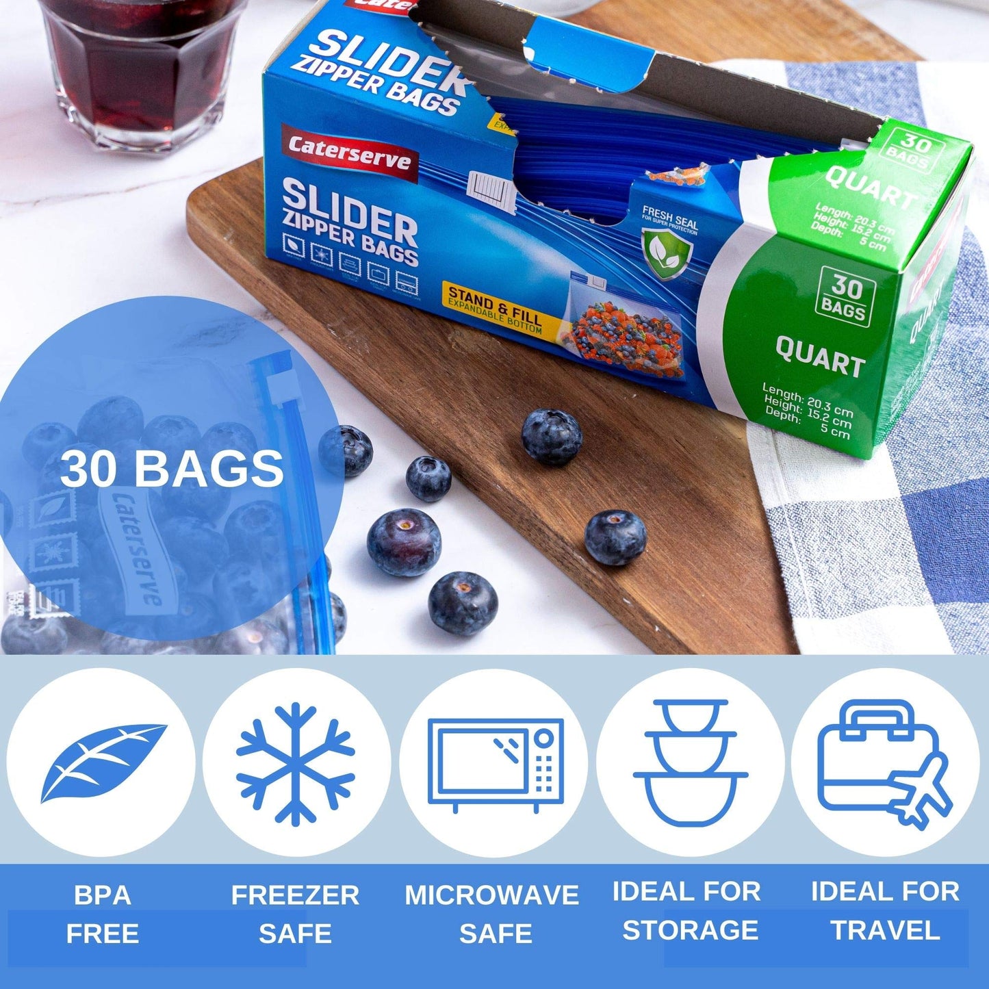 Slider Zipper Bags – Quart 1L Food Storage Bags Set of 60 – Resealable Food Bags for Travel, Home Use – Stand and Fill Expandable Bottom – Freezer and Microwave Safe Quart -60Bags