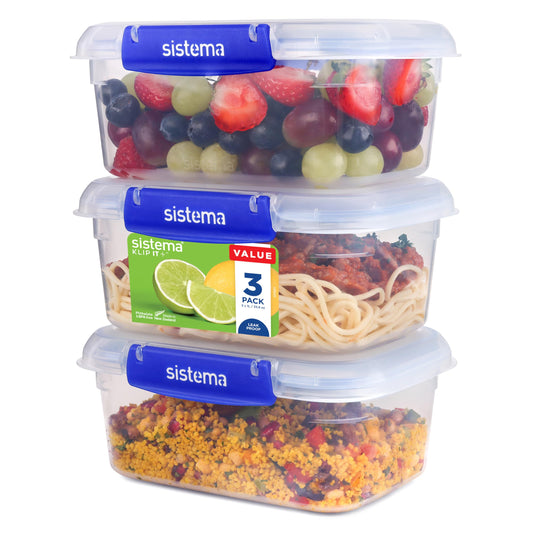 Sistema KLIP IT PLUS Food Storage Containers | 1 L | Leak-Proof, Stackable & Airtight Fridge/Freezer Containers with Lids | BPA-Free Plastic | Recyclable with TerraCycle® | 3 Count, Transparent 1L