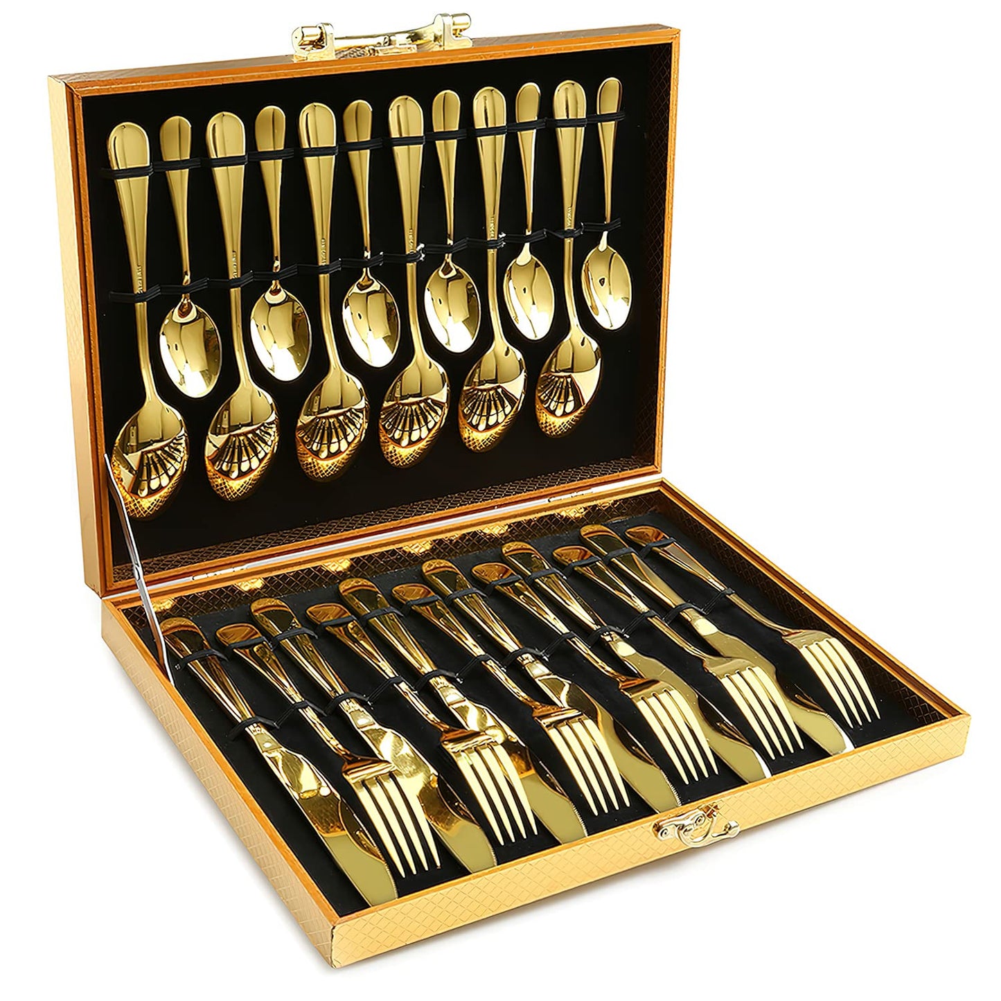 Gold Cutlery Set, OGORI 24-Piece Mirror Polished Gold Unique Wooden Box Design for Gift, Stainless Steel Flatware Set, Silverware Set with Spoon Knife and Fork Set, Service for 6 24-Piece for 6 Gold-wooden Box