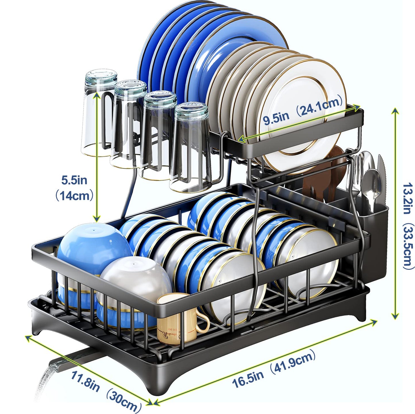 SAYZH Dish Drainer Rack, Detachable 2 Tier Dish Draining Rack and Drain board Set, Large Capacity Dish Drainer Organizer Shelf with Utensil Holder, Cup Rack for Kitchen Counter, Black