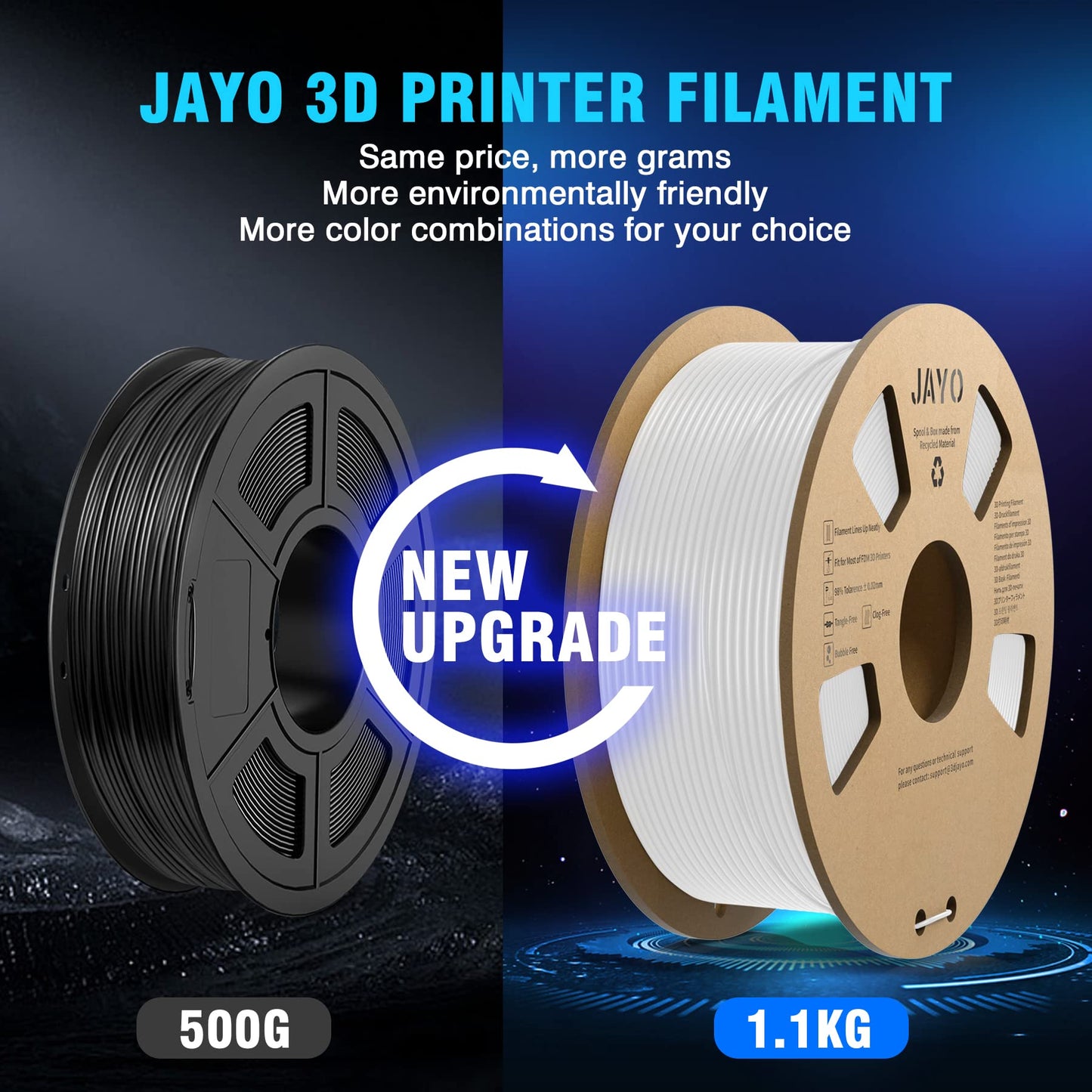 JAYO PLA Filament 1.75mm 1.1KG, PLA 3D Printer Filament Dimensional Accuracy +/- 0.02mm, Neatly Wound Filament PLA, Fit Most FDM 3D Printers, 1.1KG Spool (2.42 LBS), 2 Pack, Total 2.2KG, Black+White 1.1KG*2 Black+White