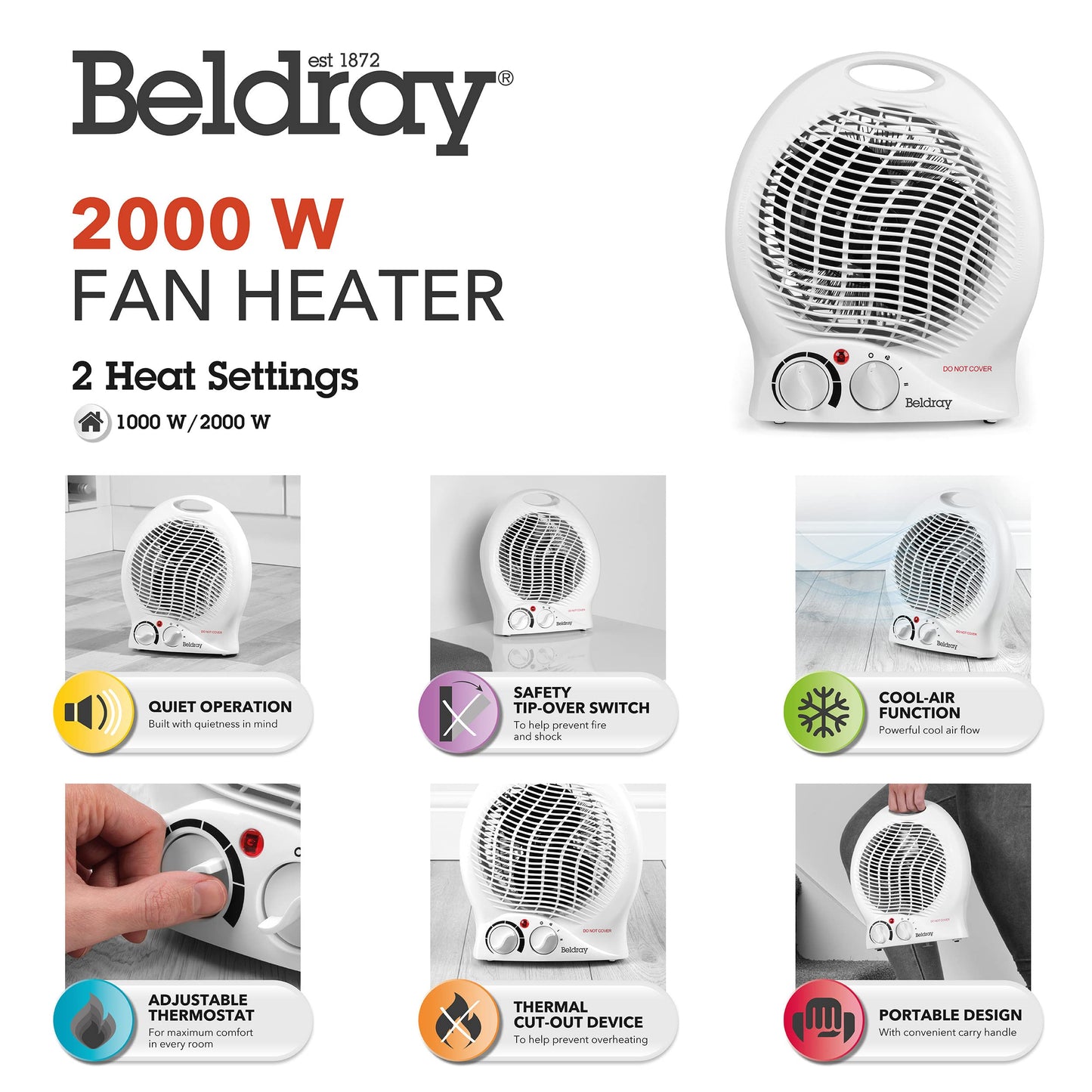 Beldray EH0567 Electric Fan Heater – Thermo Fan Heater, 2 Heat Settings, Cool Air Function, Adjustable Thermostat, Lightweight & Portable, Carry Handle, Dial Control, Overheat Protection, 1000/2000W Single Heater Round Fan Heater/Cooler