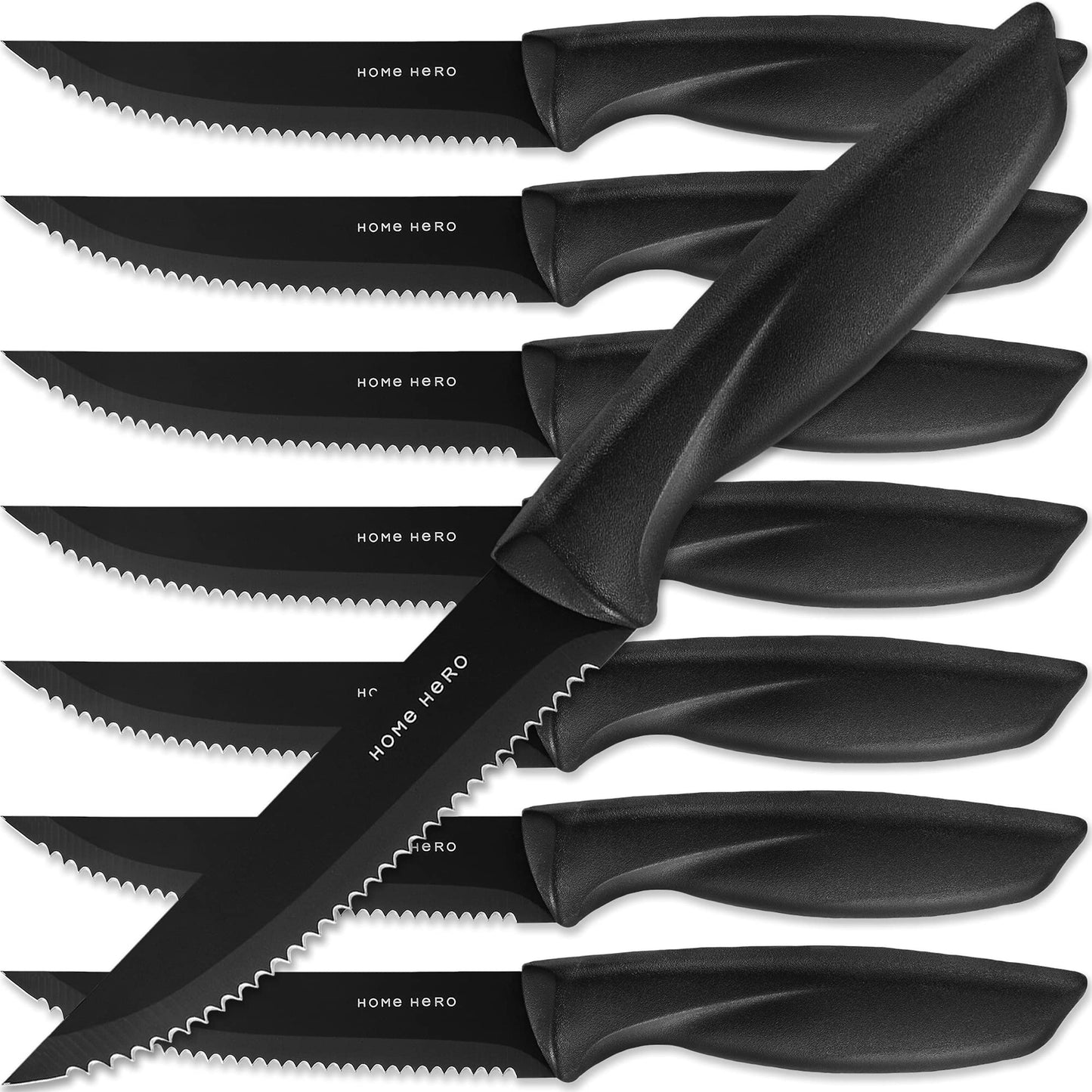 Home Hero Steak Knives Set of 8 with Serrated Edge - Dishwasher Safe Stainless Steel Steak Knives - Black 8 pcs Steak Knives Set - Black