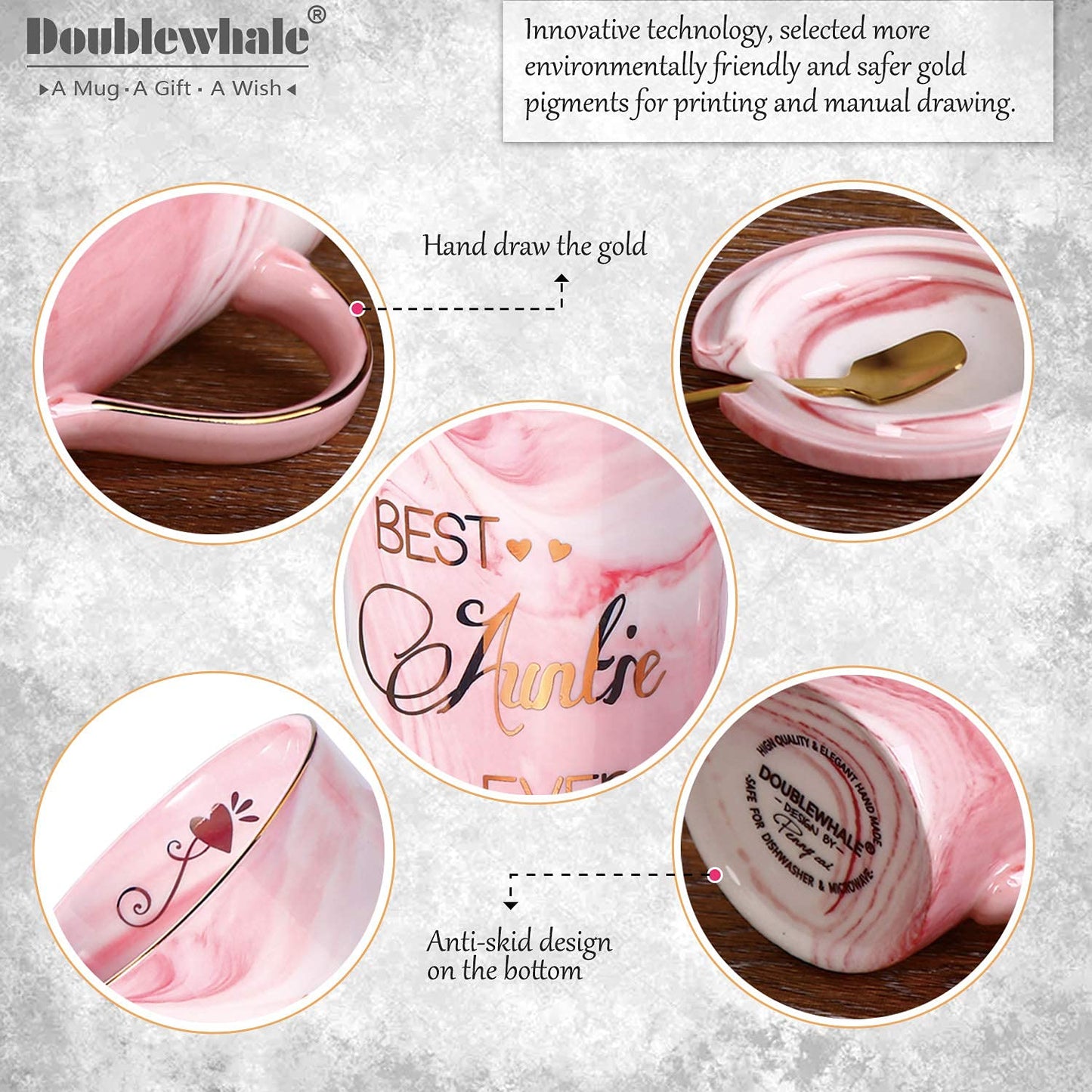 Doublewhale Auntie Gifts, Mothers Day Gifts, Auntie Birthday Gifts from Niece and Nephew, Best Auntie Gifts, Marble Coffee Mugs for Aunts, Mothers Day Birthday Gifts, 14OZ Ceramic Coffee Cups Sets Pink-auntie