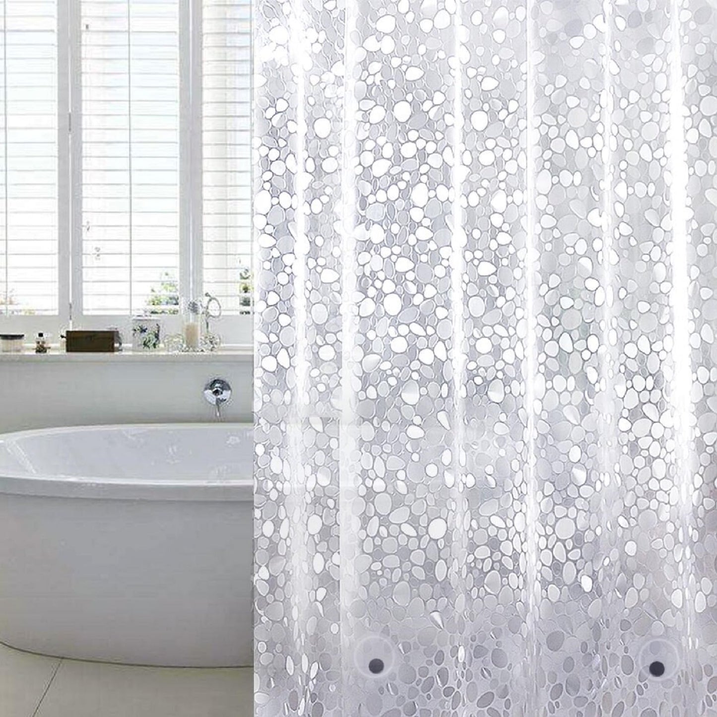 WELTRXE Shower Curtains Mould Proof Mildew Resistant EVA Bathroom Curtain Liner 3D Effect Clear Pebble Heavy Duty Shower Curtain with 3 Magnets, Waterproof Bath Curtains with 12 Hooks, 183 x 183 cm 183 x 183cm (W*H)