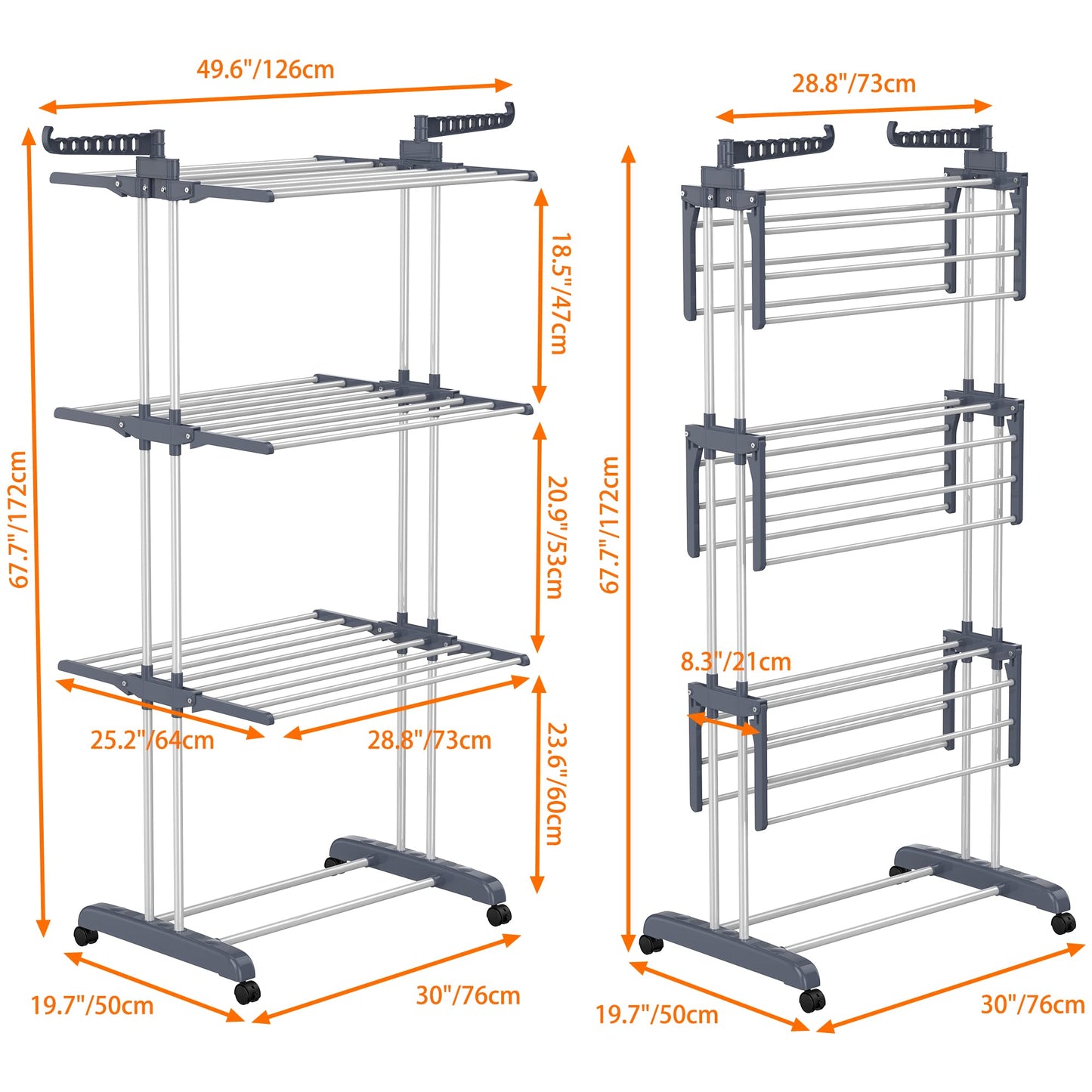 HOMIDEC Airer Clothes Drying Rack,4-Tier Foldable Clothes Hanger Adjustable Large Stainless Steel Garment Laundry Racks for Indoor Outdoor Grey