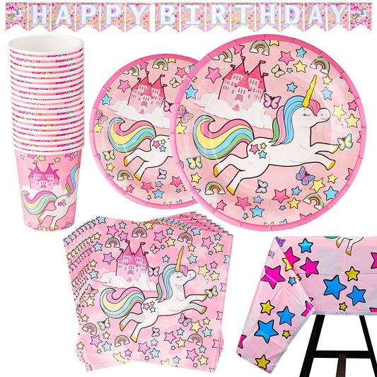 Kompanion Unicorn Party Set - 102 Piece Party Supplies Kit with Banner, Plates, Cups, Napkins, Tablecloth - Serves 25, Perfect for Birthday Parties and Themed Celebrations Unicorn Type 3