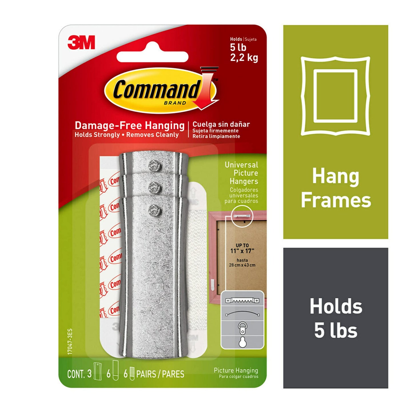 Command Large Universal Frame Hanger, 3-Hangers, 6-Strips, 6-Frame Stabilizer Strips, Decorate Damage