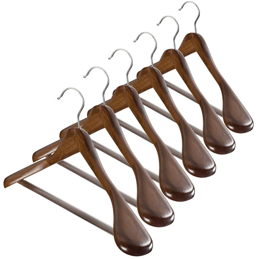 High-Grade Wooden Hangers - Set Of 6 - Heavy-Duty Wooden Coat Hangers with Wide Shoulders - Clothes Hangers with 6.3cm Shoulder Flares for Suits and Garments - Wooden Suit Hangers with Trouser Bar Vintage