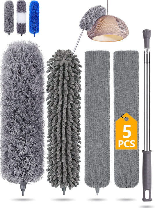 Feather duster 5PCS kit with 30-100 inch telescopic extension pole, detachable bendable and reusable gap hand crevice brush for cleaning dust cobwebs on high ceiling fans lights blinds cars furniture Grey