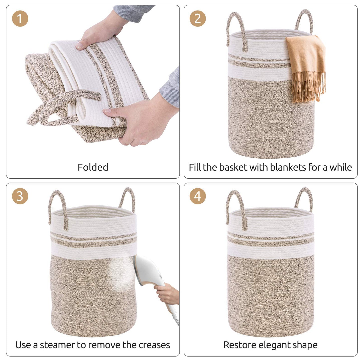 YOUDENOVA Cotton Rope Basket Large Blanket Basket Woven Storage Basket Toy Storage Organiser Nursery Decor Laundry Hamper with Handle 58L (38cm(D) x50cm(H), Z-brown) 38cm(D)x50cm(H)