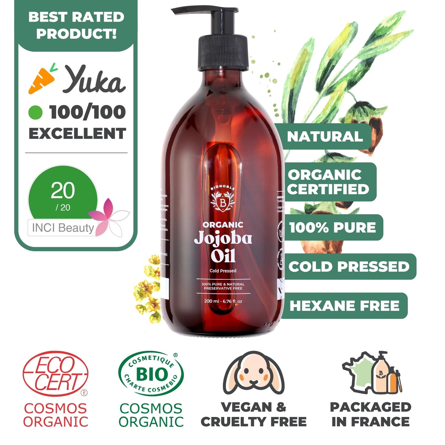 Bionoble Organic Jojoba Oil 200ml - 100% Pure, Natural and Cold Pressed - Face, Body, Hair, Beard, Nails - Vegan and Cruelty Free - Glass Bottle + Pump 200 ml (Pack of 1)