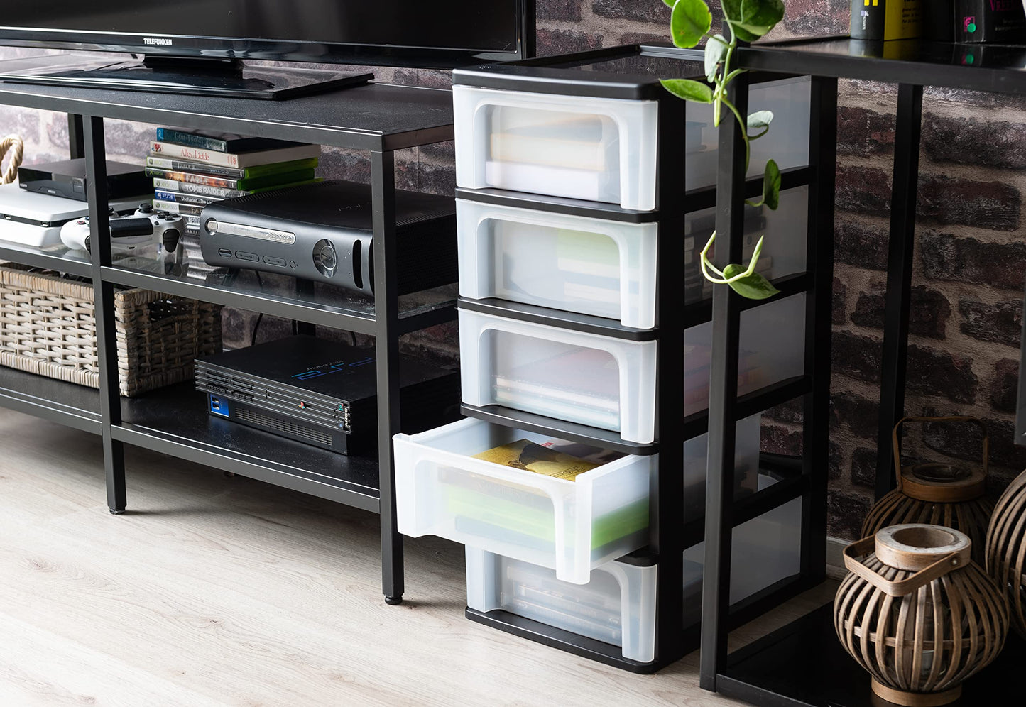 Iris Ohyama, Plastic Drawers Storage Unit, Plastic Storage Drawers, A4 Format, H60.5cm/5 Drawers, BPA Free, Black, W35.5 x D26 x H60.5cm, OCH-2005 H60.5cm / 5 Drawers