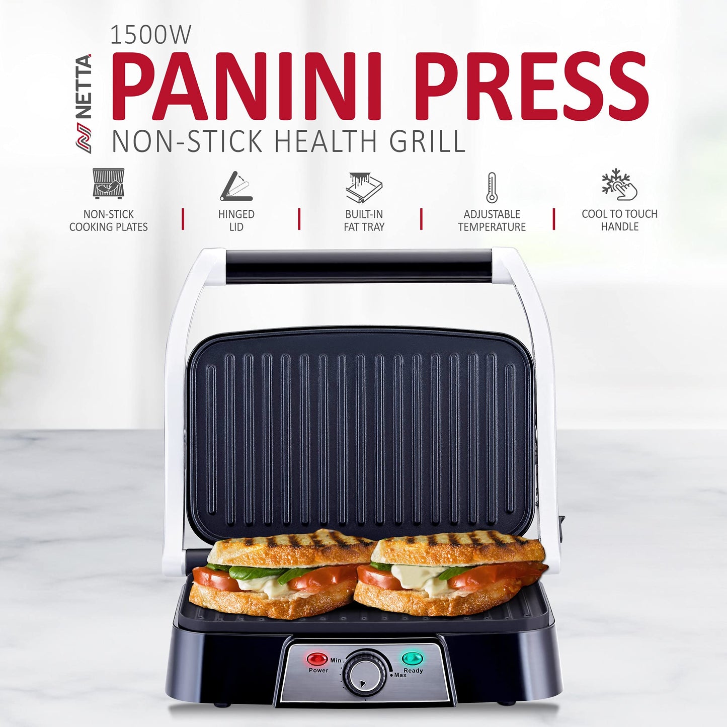 NETTA Panini Maker & Health Grill - Sandwich Toaster, Panini Press - 2 Slice Non-Stick Grill Plates – Built-In Fat Tray - 1500W - Stainless Steel – Easy to Clean