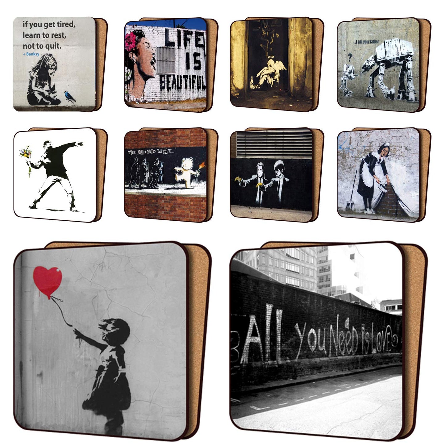 BANKSY Print Coasters Pack of 10 - NEW Art Coasters Furniture, Dinnerware Sets 11cm x 11cm