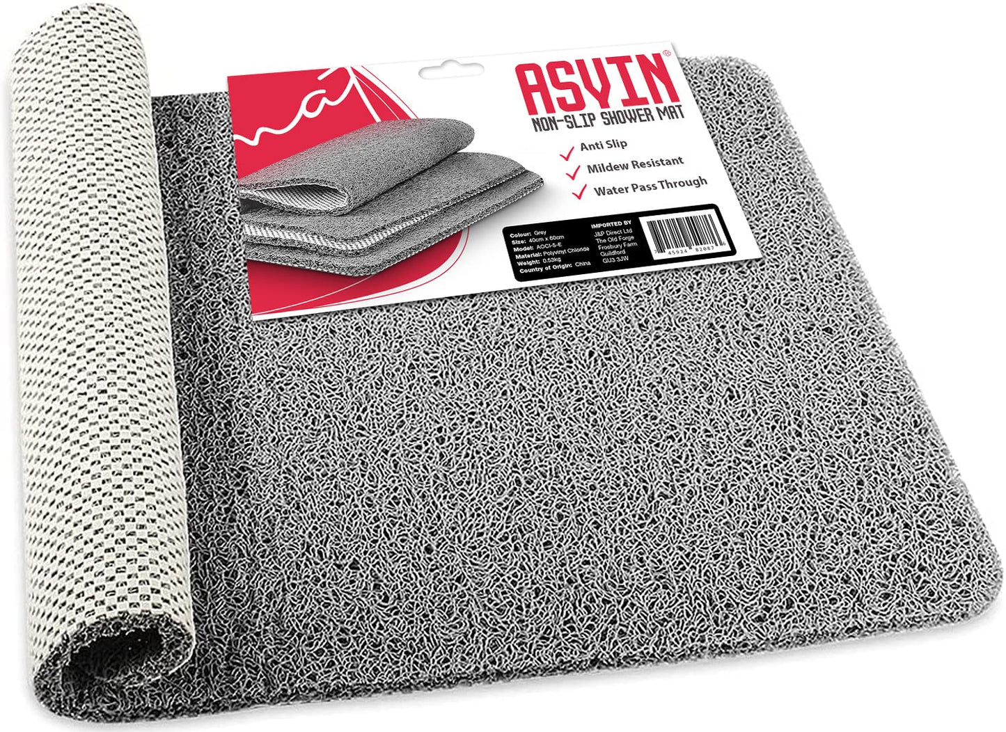 Asvin Soft Textured Anti Slip Bath & Shower Mat for Inside Shower & Wet Areas (40x60cm Grey) Phthalate Free Rubber Loofah Bathroom Mats for Slippery Surfaces, Quick Dry Antibacterial & Mould Resistant 40cm x 60cm