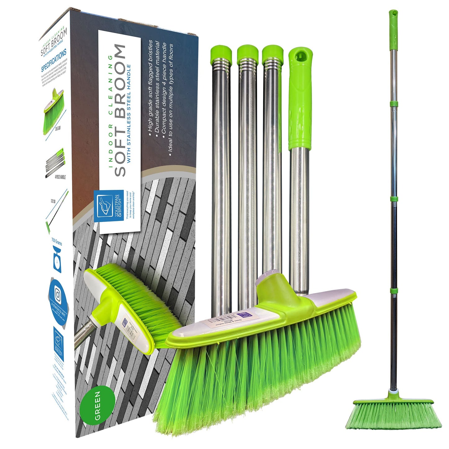 Soft Broom Indoor Sweeping Broom Brush with Stainless Steel Handle - The Perfect Indoor Sweeping Kitchen Floor Brush Broom for Your House - The Long Handled Brush Sweeper Broom (Green) Green