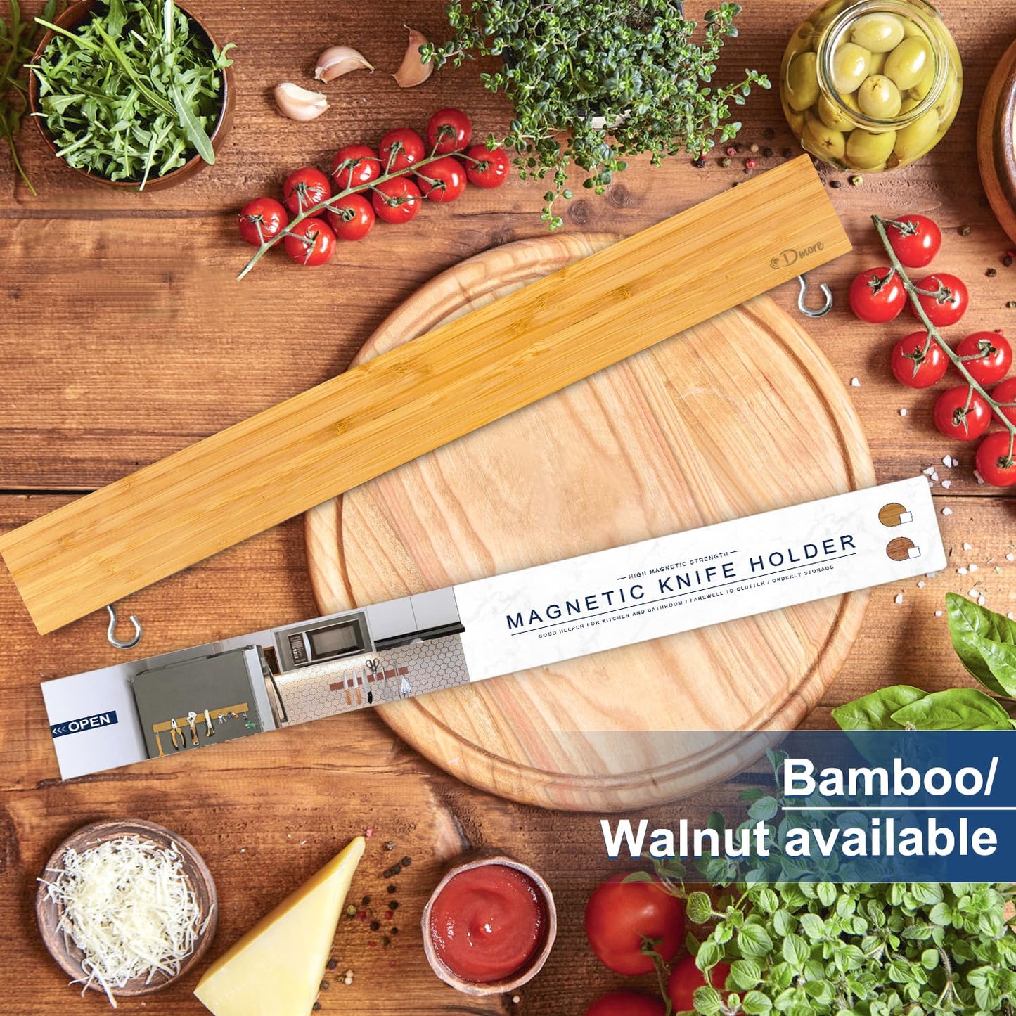 Dmore Bamboo Magnetic Knife Strip with 2 Hooks, 40 cm Knife Holder, Magnetic Extremely Self-Adhesive Magnetic Knife Holder Wood for a Tidy Kitchen Bamboo, 40cm